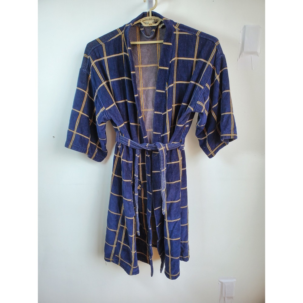 TJ Lawford Vtg Turkish Towel Robe Blue Windowpane Plaid Cotton Terry Cloth 1X-2X